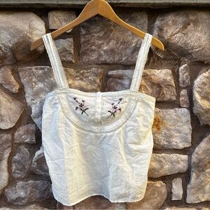 ROUJE PARIS Tank Top Size 40 Cotton White Floral Embroidered Cottage Lace Trim